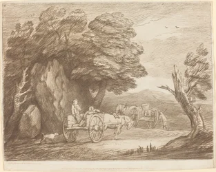 Skoglandskap med to landvogner og figurer