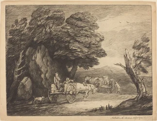 Skoglandskap med to landvogner og figurer
