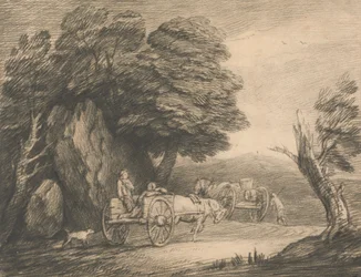 Skoglandskap med to landvogner og figurer