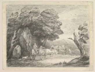 Skoglandskap med to landvogner og figurer, 1. august 1797.