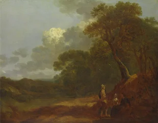 Skoglandskap med en mann som snakker med to sittende kvinner, ca. 1745.