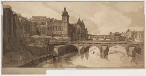 Utvalg av tjue av de mest pittoreske utsiktene i Paris: View of Pont au Change, 1802.