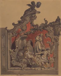 School of San Rocco, Venezia: Studie for buet dekorasjon (penn og blekk, wc og kroppsfarge over blyant på papir)