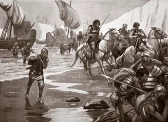 Cæsars andre landgang, 54 f.Kr., illustrasjon fra «Hutchinsons historie om den britiske nasjonen», ca. 1920 (lito)
