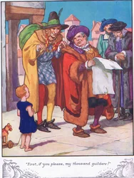 quot;Først, hvis du vil, mine tusen gyldenquot; (fargelitografi)