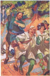 Han drev de tre foran seg, deres raseri- og smerteskrik, druknet av latterbrølene hans (fargelitografi)