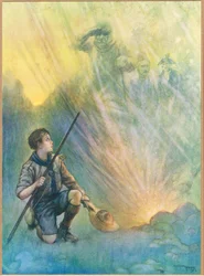 Fortidens helter, illustrasjon fra «Newnes Pictorial Book of Knowledge» (fargelitografi)