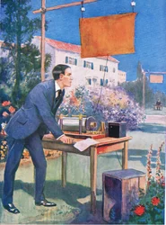 Et av Marconis tidligste eksperimenter, illustrasjon fra «Cassells romanse om berømte liv», ca. 1940 (fargelitografi)