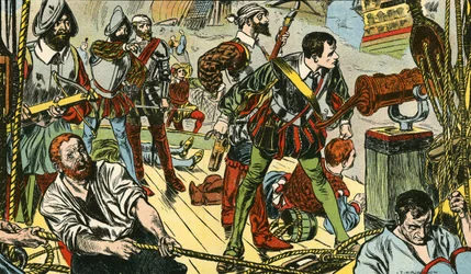 Den lille «Revenge» kjemper mot femti spanske galleoner (fargelitografi)