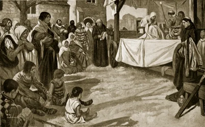 Fremføringen av et tidlig mysteriespill, illustrasjon fra «Hutchinsons historie om den britiske nasjonen», ca. 1920 (lito)