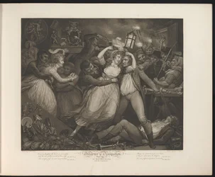 Ustyrlig hushjelp har det gøy på en pub Plate 7. The Wanton koser seg med følgesvennene sine (tittel på objekt) Dyd og utskeielser (serietittel) Diligence & Dissipation (serietittel på objekt)