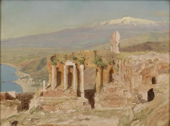 Utsikt over ruinene av det greske teatret ved Taormina og Etna på Sicilia