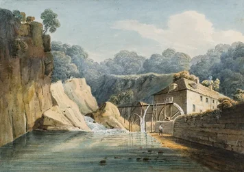 Aberdulais Mill (akvarell og blyant på papir)