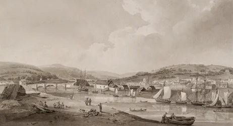 Neath, fra sørsiden av elven (akvarell og blyant på papir)