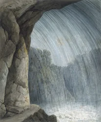 Under kaskaden (akvarell og kritt på papir)