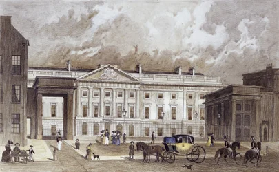 En moderne gravering av den nye Royal Mint, ca. 1830 (håndfarget gravering)