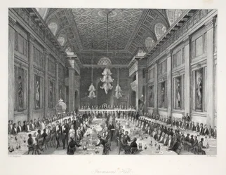 Frimurernes hall, fra «London Interiors with their Costumes and Ceremonies», utgitt av Joseph Mead, London, ca. 1843
