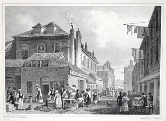 Hungerford Market, Strand, fra puben 'London and it's Environs in the Nineteenth Century'. Jones und Co., 1827-1829