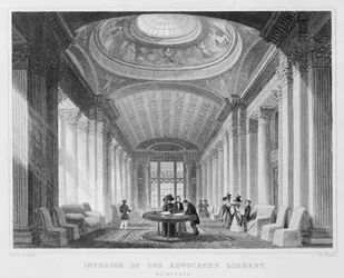 Interiør fra Advokatbiblioteket, Edinburgh, gravert av William Watkins, 1831