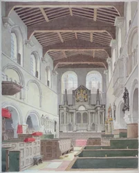 Innvendig utsikt over Church of St Bartholomew-the-Great, Smithfield, City of London, 1821.