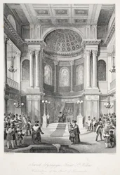 Jewish Synagogue, Great St Helens, fra puben 'London Interiors with their Costumes and Ceremonies'. Joseph Mead, London, ca. 1843 (stålgravering)