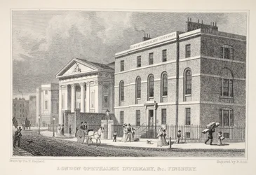 London Ophthalmic Infirmary etc. Finsbury, fra puben 'London and it's Environs in the Nineteenth Century'. Jones und Co., 1827-1829