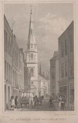 St. Antholin, fra Watling Street, gravert av A. Cruse, ca. 1830 (gravering)