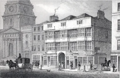 The Old White Hart Tavern, Bishopsgate Street, fra puben 'London and it's Environs in the Nineteenth Century'. Jones und Co., 1827-1829