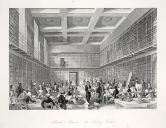 Lesesalen og biblioteket på British Museum, fra puben 'London Interiors with their Costumes and Ceremonies'. Joseph Mead, London, ca. 1843 (stålgravering)