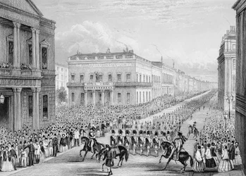 Wellingtons begravelsesprosesjon passerer Senior United Service Club, Pall Mall, London, 1852