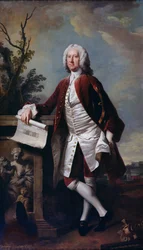 Portrett av Theodore Jacobsen, arkitekt ved Foundling Hospital, vist med en tegning av vestfronten, ca. 1742