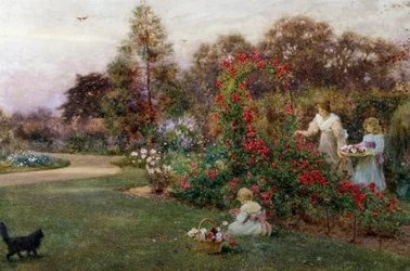 I kunstnerens hage, Yapton, Sussex. En mor og hennes to barn plukker roser i en hage. Maleri av Thomas James Lloyd (1849–1910 britisk) Privat samling