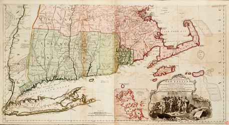 Et kart over den mest bebodde delen av New England, som inneholder provinsene Massachusetts Bay og New Hampshire med koloniene Connecticut og Rhode Island