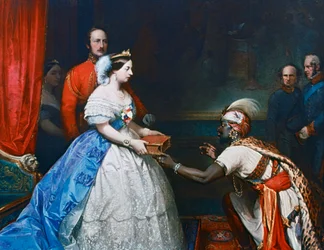 Dronning Victoria overrekker en bibel i audienssalen i Windsor, ca. 1861