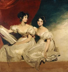 Dobbeltportrett av Fullerton-søstrene, sittende i helfigur, i hvite kjoler, ca. 1825