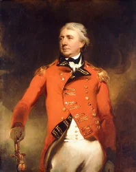 Portrett av general James Stuart stående trekvart lang, iført en rød uniform med gullfrosk,