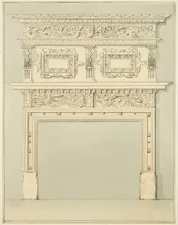 Chimneypiece in Lower Room, 9 Small Street (blyant og akvarell på papir)