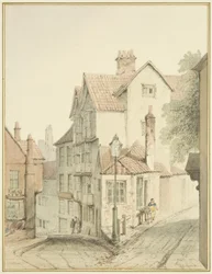 Hjørne av Trenchard Lane og Steep Street (akvarell på papir)