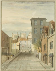 En del av Magdalen (Lower Maudlin) Lane som viser sykestuen (blyant og akvarell på papir)