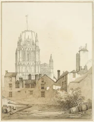 Redcliffe Church og en del av Redcliffe Hill med Shot Tower (akvarell på papir)
