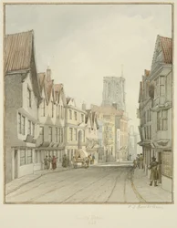 Temple Street, som viser tårnet til Temple Church (akvarell på papir)
