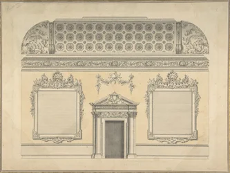Design for seksjon av et rokokkorom, med et bukttak og utsmykket korintisk..., ca.1750.