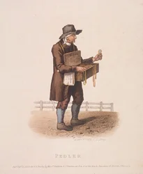 Pedlar med boksen med varer hang rundt halsen, 1820