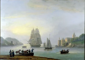 En brigg på vei inn i Dartmouth havn, med en ferge i forgrunnen, 1828