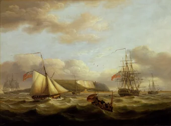 En kutter som passerer akterut av en fregatt, tidlig på 1800-tallet (olje på lerret)