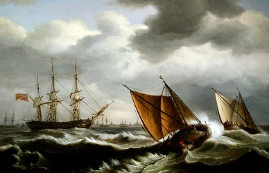 Nederlandsk kystfartøy med en engelsk fregatt for anker i kuling utenfor Harwich