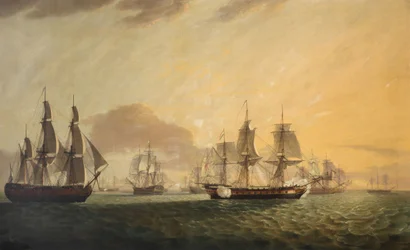 «General Goddard» tar nederlandske ostindiefarere til fange, sent på 1700-tallet - tidlig på 1800-tallet (olje på lerret)