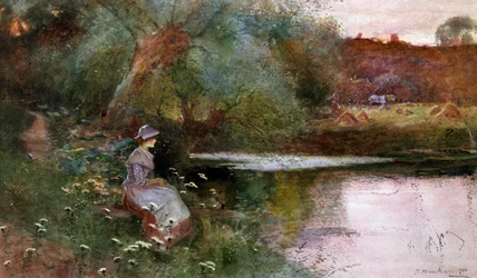 På Hampton Lucy, Warwickshire. En ung jente som sitter ved en innsjø på landet. Maleri av Thomas Mackay (1851–1920). Privat samling.