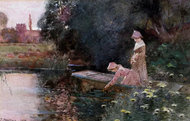 Plukker vannliljer. To unge jenter i en båt i en dam plukker vannliljer. Maleri av Thomas Mackay (1851–1920) Privat samling
