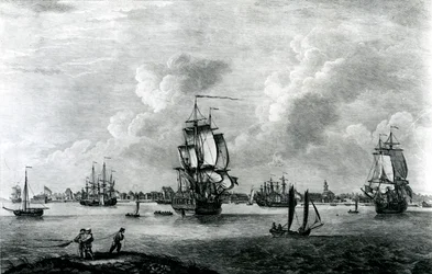 En utsikt over Charles Town, hovedstaden i South Carolina i Nord-Amerika, gravert av Pierre Charles Canot